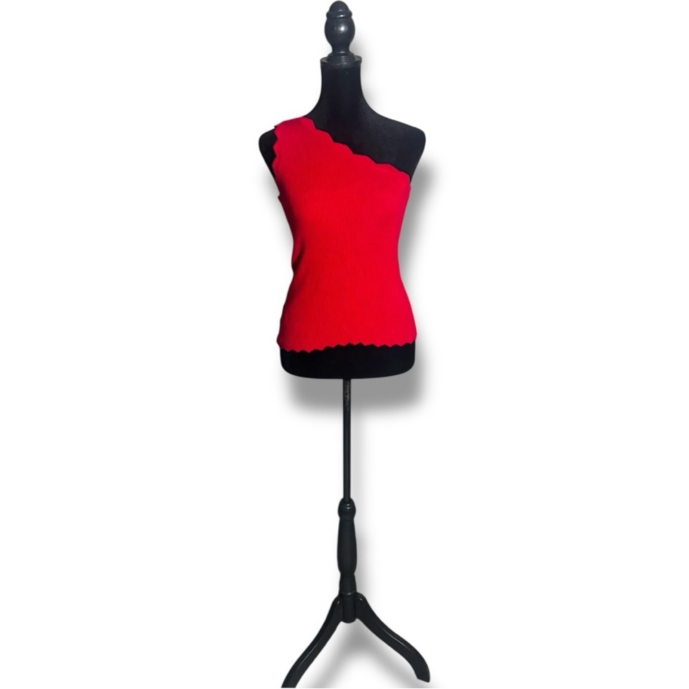 Unbranded Fun Bold Bright Red Scalloped Hem One Shoulder Tank Top - Picture 2 of 14